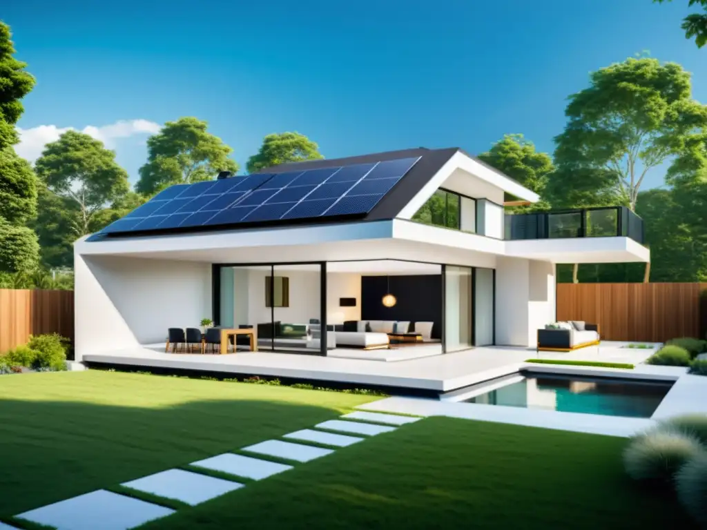 Vista detallada de una casa inteligente sostenible con automatización para un hogar sostenible, electrodomésticos eficientes y jardín con paneles solares