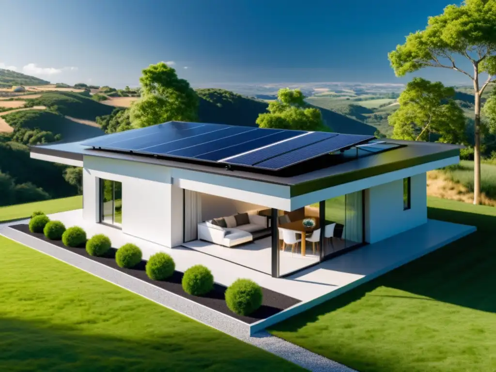 Vista detallada de casa moderna con paneles solares integrados en el techo