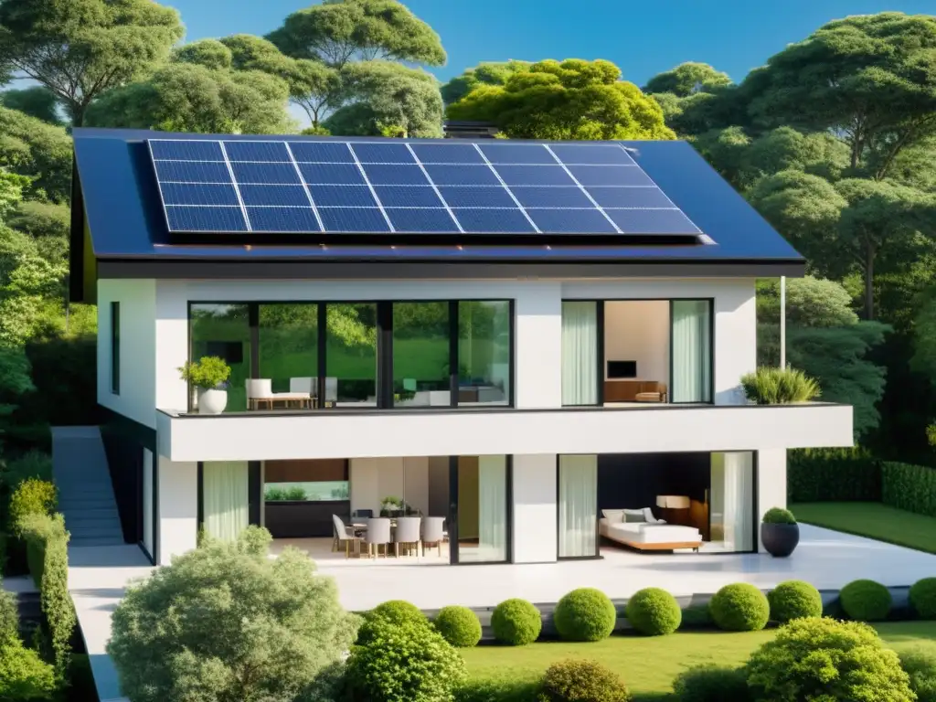 Vista detallada de casa moderna con paneles solares, rodeada de naturaleza