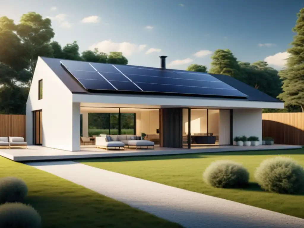 Vista detallada de casa moderna con paneles solares y baterías para hogar sostenible IoT integradas, reflejando eficiencia energética