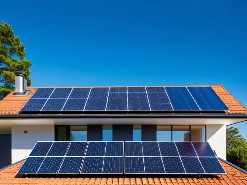 Vista detallada de casa moderna con paneles solares integrados en el techo