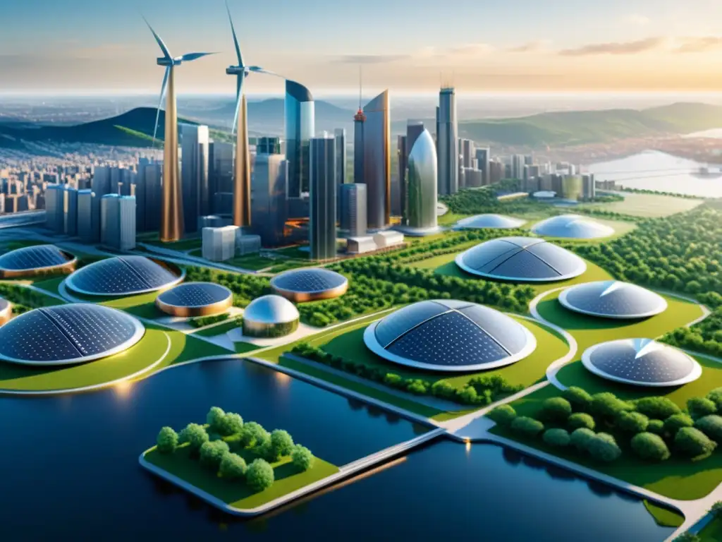 Vista detallada de una ciudad futurista con integración de microgrids urbanas sostenibles, edificios sustentables y tecnología limpia