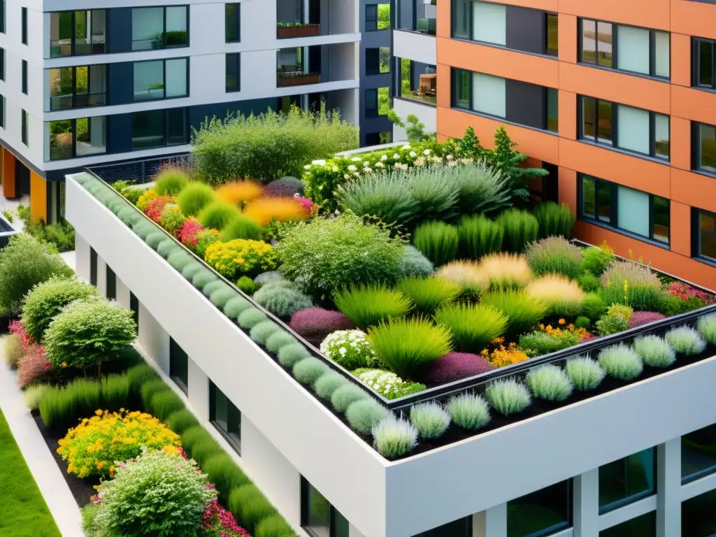 Vista detallada de un edificio residencial moderno con un exuberante jardín en el techo, demostrando los beneficios de los techos verdes para hogar