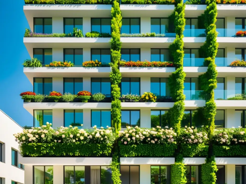 Vista detallada de un edificio residencial moderno con techo verde, simetría vegetal y diseño minimalista