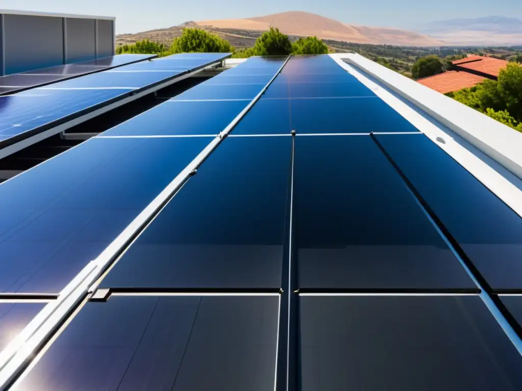 Vista detallada de una elegante instalación de paneles solares negros en el techo de una casa moderna