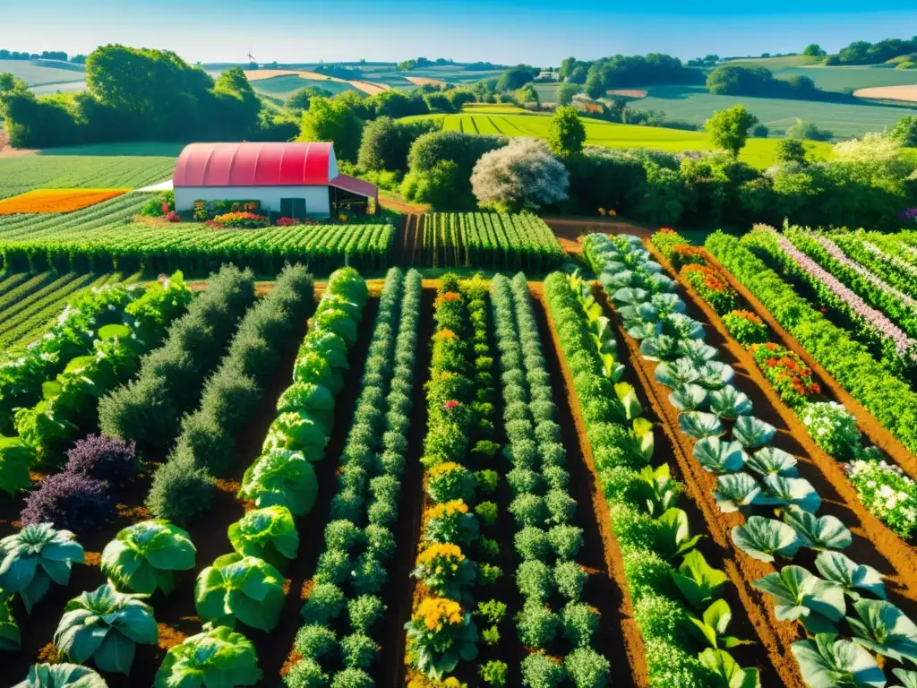 Vista detallada de una granja orgánica vibrante con cultivos coloridos y vida silvestre