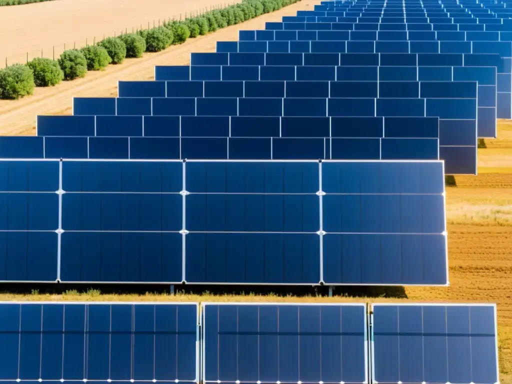 Vista detallada de una instalación comunitaria de paneles solares sostenibles bajo un cielo azul claro, destacando su eficiencia y diseño minimalista