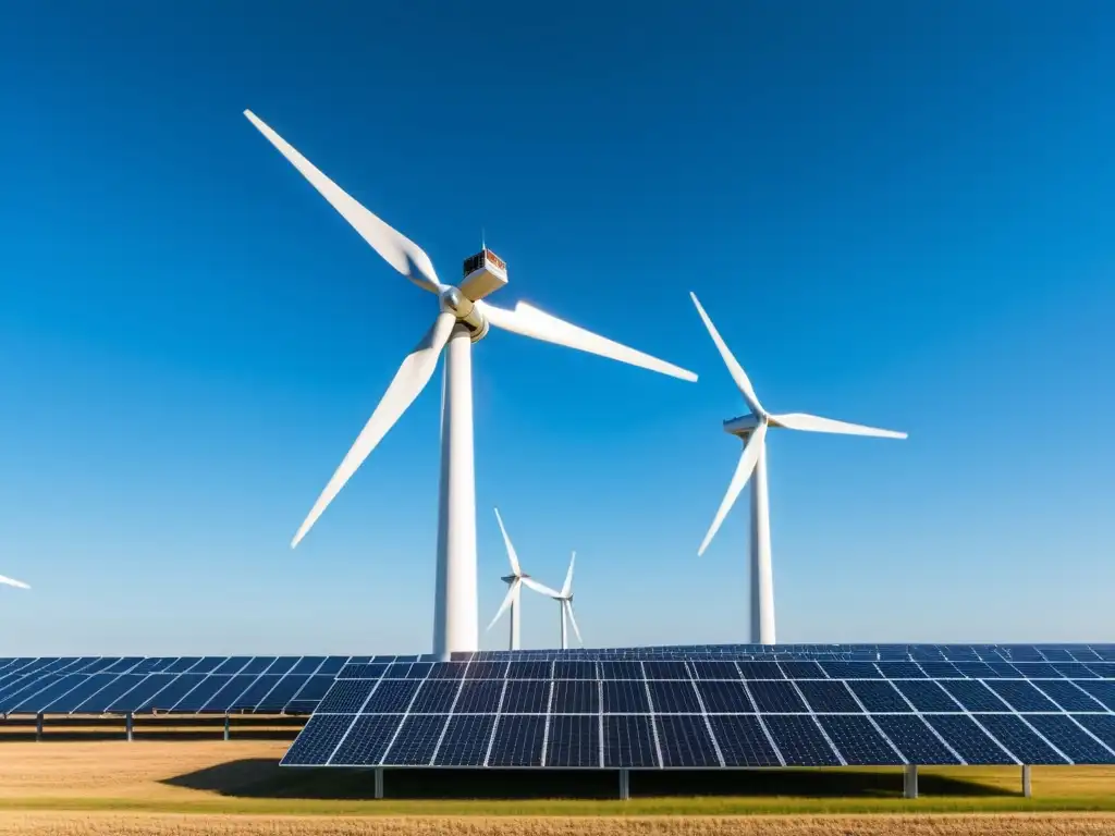 Vista detallada de integración de sistemas de energía solar eólica con paneles solares y molino de viento en un cielo azul claro