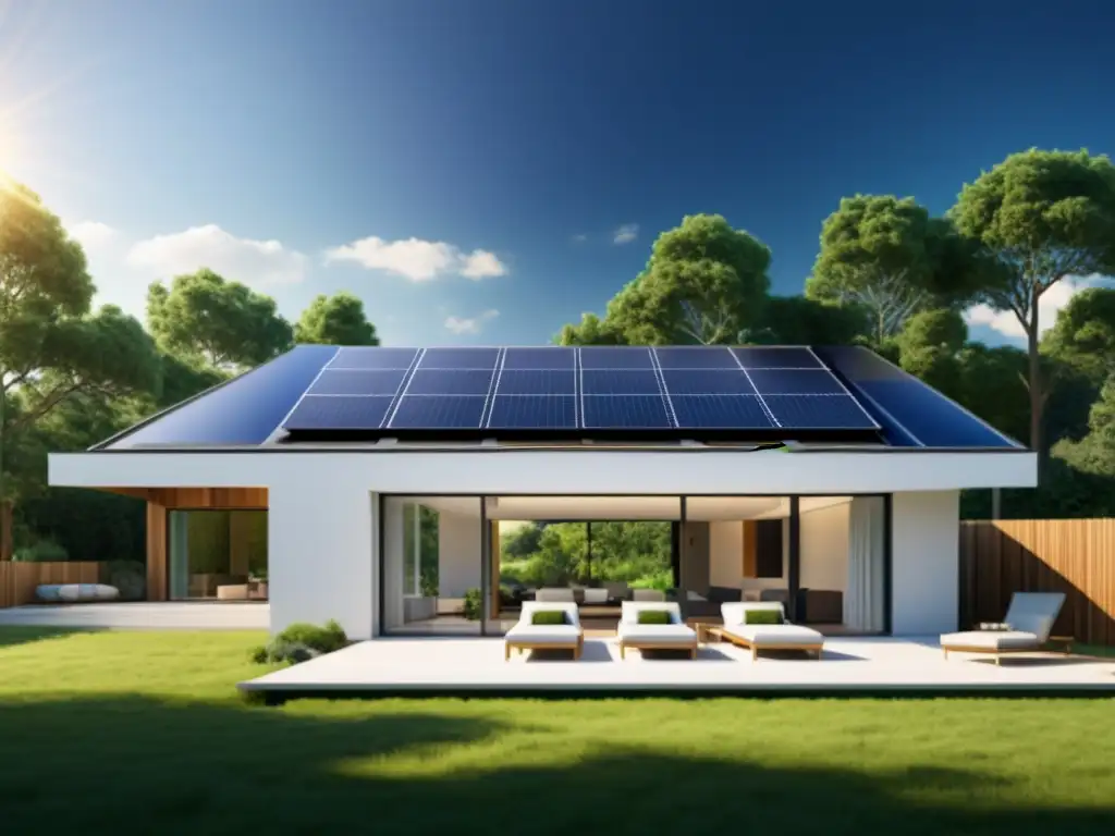 Vista detallada de una moderna casa con integración de paneles solares, capturando la energía solar de forma elegante y sostenible