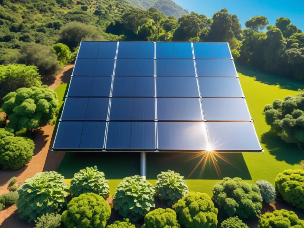 Vista detallada de modernos paneles solares en CasaVerdeHub, tecnología para adaptación al cambio climático, rodeados de naturaleza y cielos azules