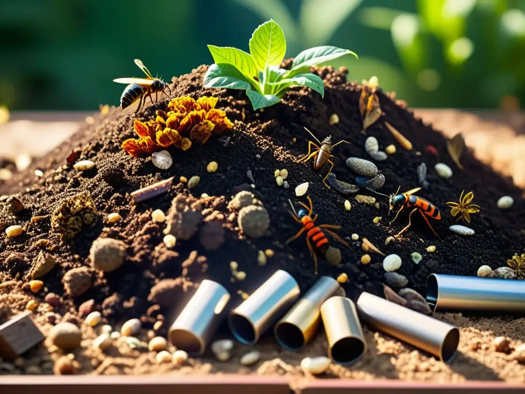 Vista detallada de un montón de compost en el jardín, mostrando capas de materia orgánica, suelo fértil y descomposición