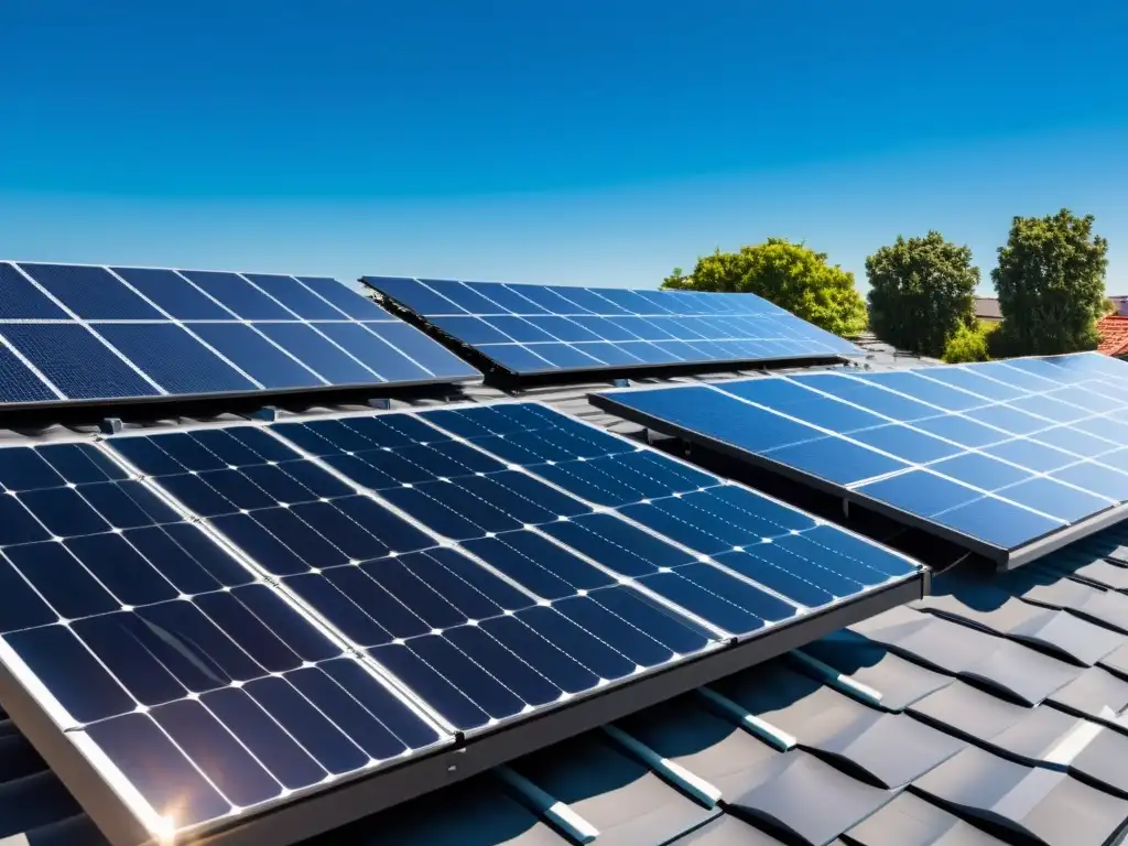 Vista detallada de paneles solares negros en un tejado moderno, capturando la luz del sol en un cielo azul claro