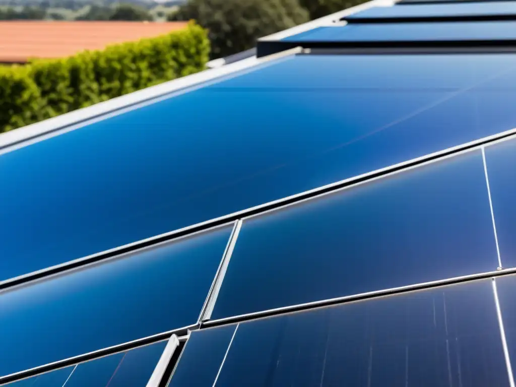 Vista detallada de paneles solares en un hogar autosuficiente, con diseño moderno y tecnología avanzada capturando energía solar