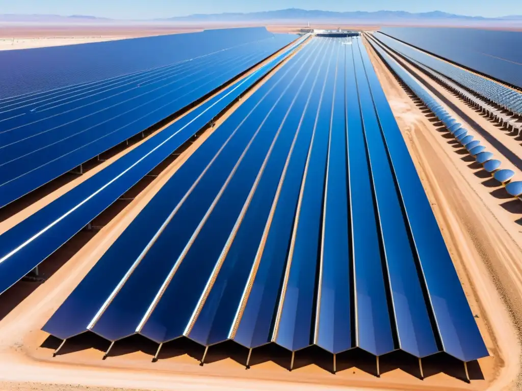 Vista detallada de una planta de energía solar térmica con colectores de canal parabólico reflejando la luz del sol en una torre central