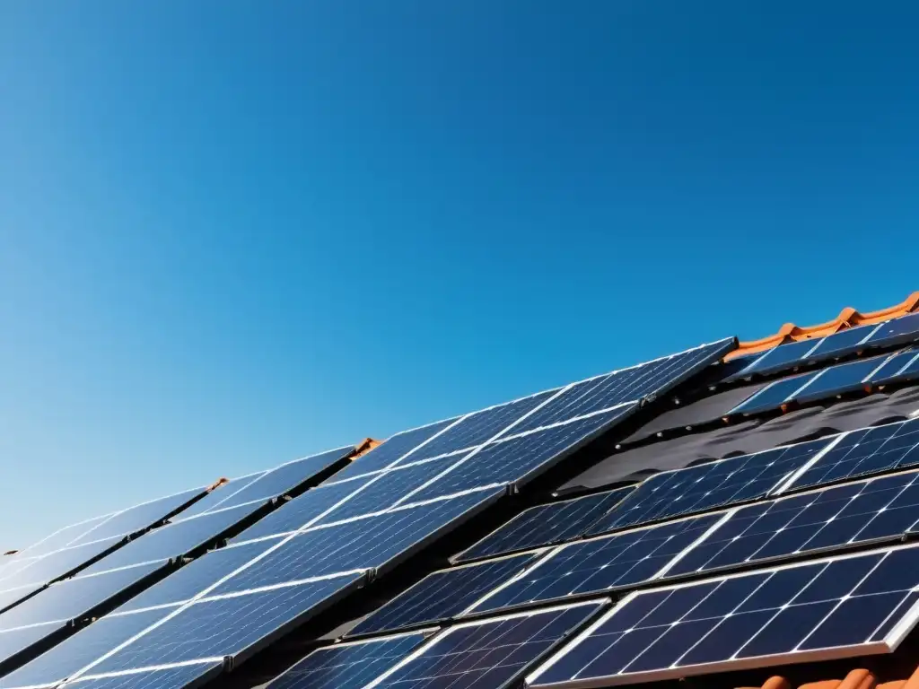 Vista detallada de un tejado minimalista con paneles solares en la orientación y ángulo perfectos, bajo un cielo azul claro y brillante sol