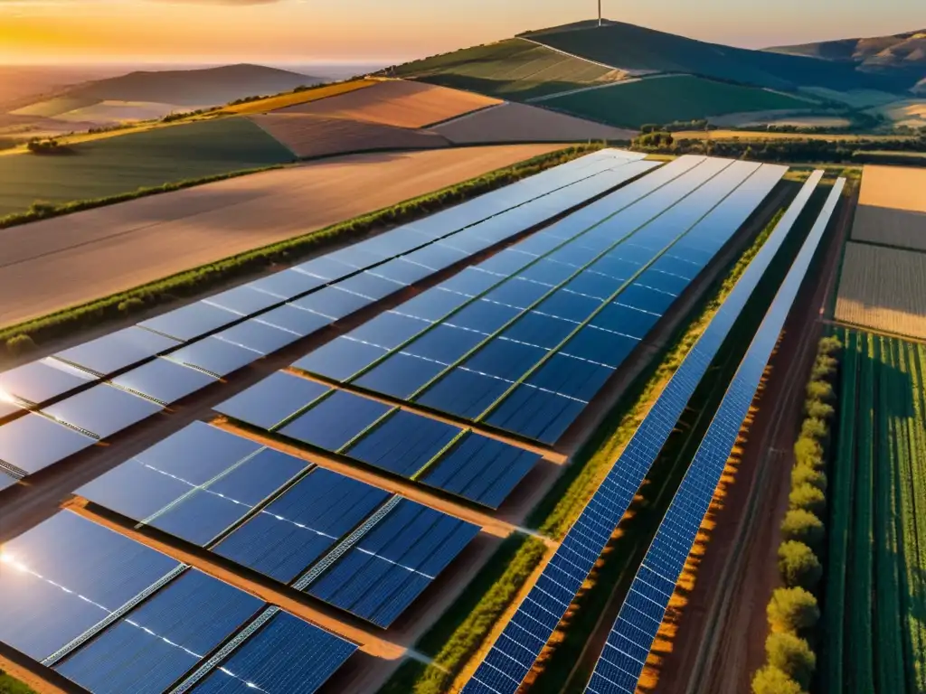 Vista espectacular de paneles solares en España durante un atardecer vibrante