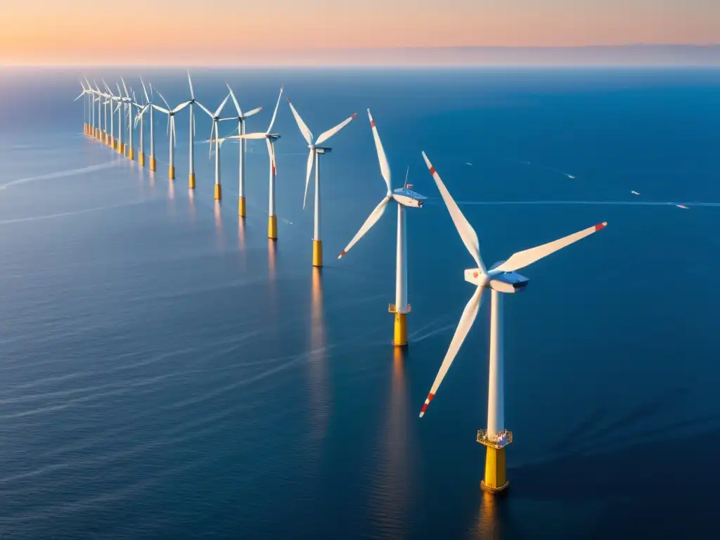 Vista espectacular de un parque eólico marino al atardecer con regulación energías renovables offshore