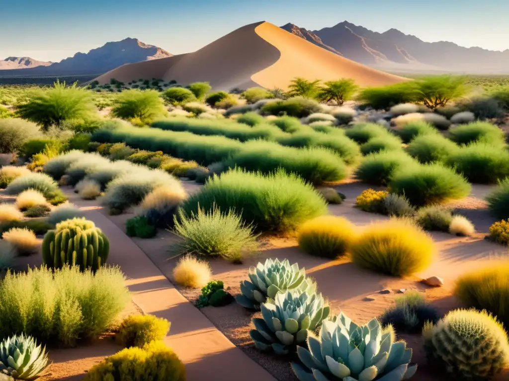 Vista expansiva del desierto con jardines de permacultura sostenible en clima árido, integrando plantas resistentes y arquitectura sostenible