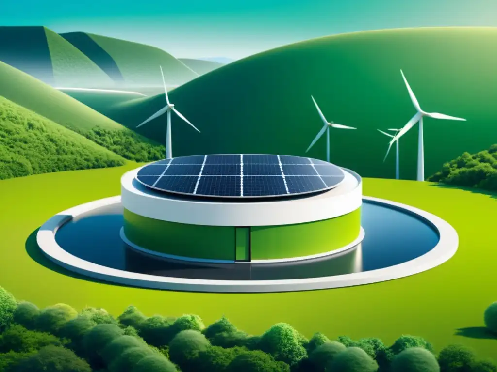 Vista futurista de un almacenamiento de energía sostenible rodeado de naturaleza y fuentes de energía renovable