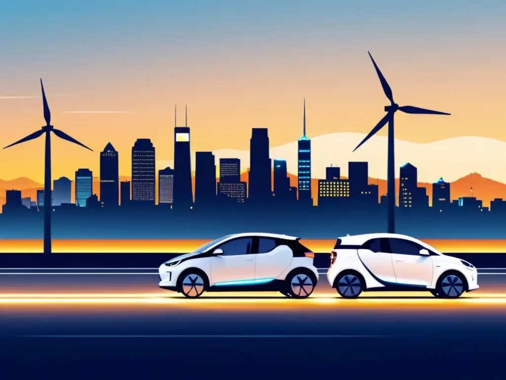 Vista futurista de la ciudad al atardecer con autos eléctricos, turbinas eólicas y edificios iluminados