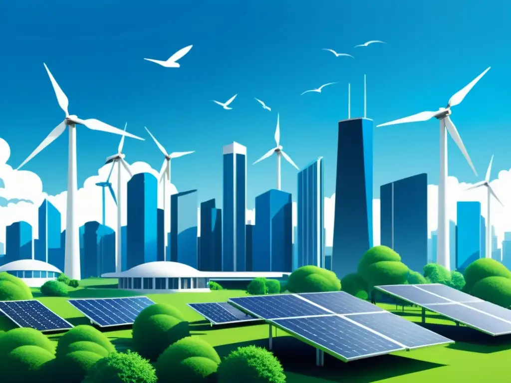 Vista futurista de una ciudad con edificios energéticamente eficientes, paneles solares y vehículos eléctricos