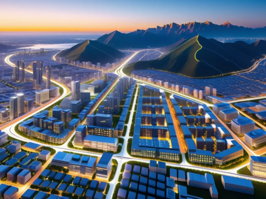 Vista futurista de la ciudad con microredes integradas, transformación de red eléctrica por prosumidores