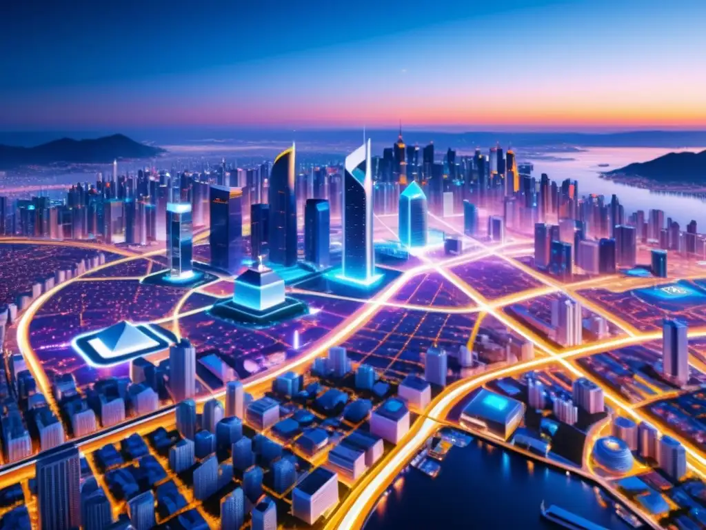 Vista futurista de la ciudad con redes inteligentes, arquitectura angular y luces vibrantes