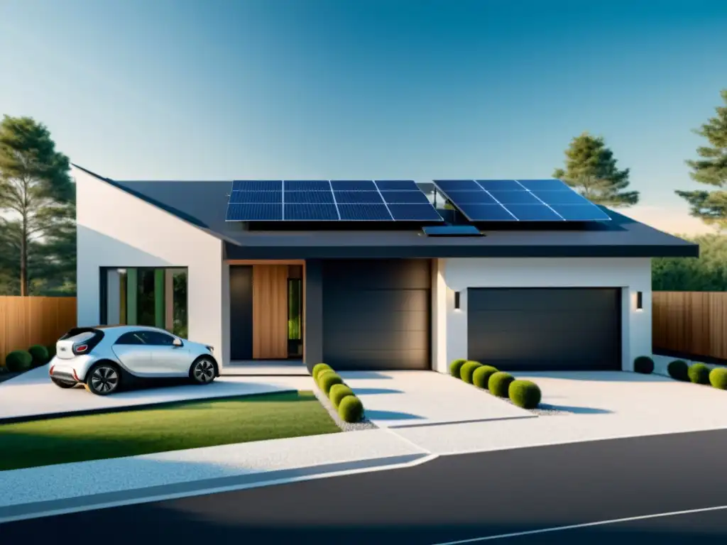 Vista de un hogar inteligente moderno con gestión eficiente del hogar con bioenergía, paneles solares y un coche eléctrico