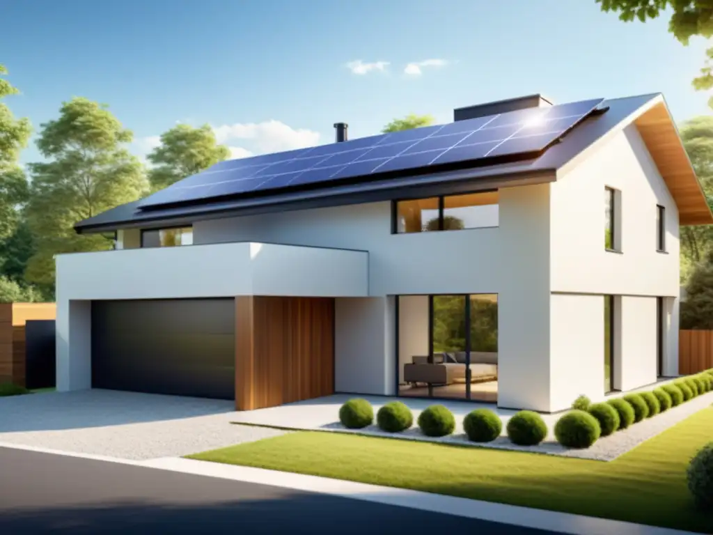 Vista de un hogar moderno con paneles solares y sistema de almacenamiento de energía en un ambiente sostenible y ecoamigable