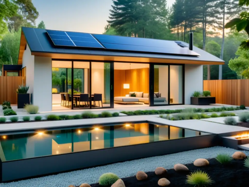 Vista de un hogar sostenible moderno con mejoras tecnológicas, paneles solares, jardín minimalista y luz natural