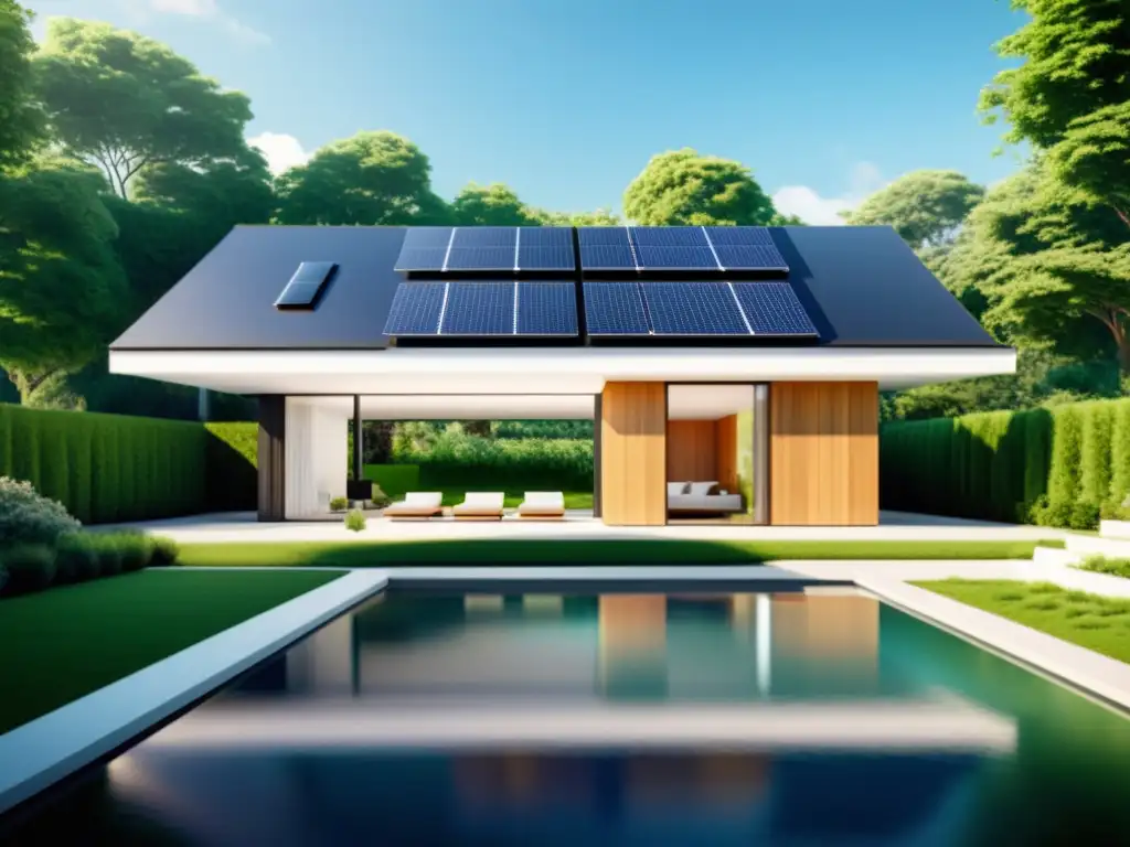 Vista de un hogar sostenible con sistemas automáticos integrados, paneles solares y jardín verde