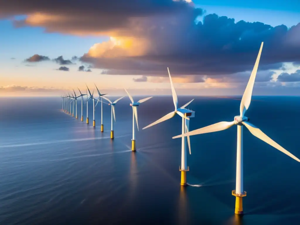 Vista impactante de granja eólica en atardecer, con turbinas onshore y offshore