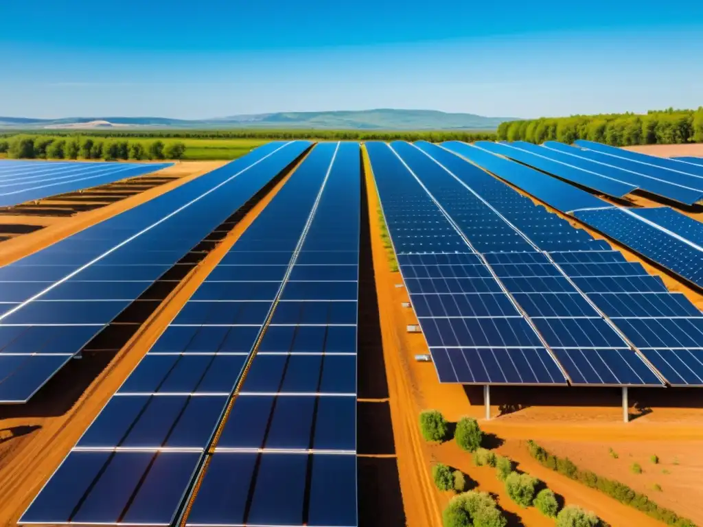 Vista impactante de una granja solar comunitaria con paneles brillando bajo el sol