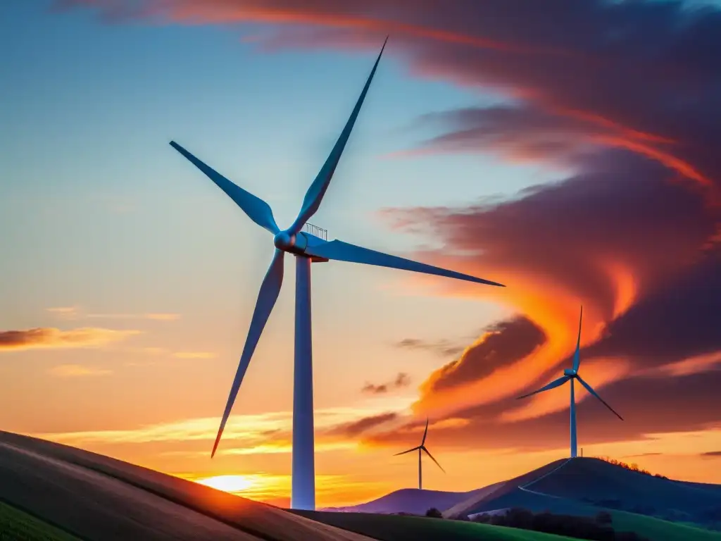 Vista impresionante de un aerogenerador contra un atardecer vibrante, reflejando el retorno inversión energía eólica