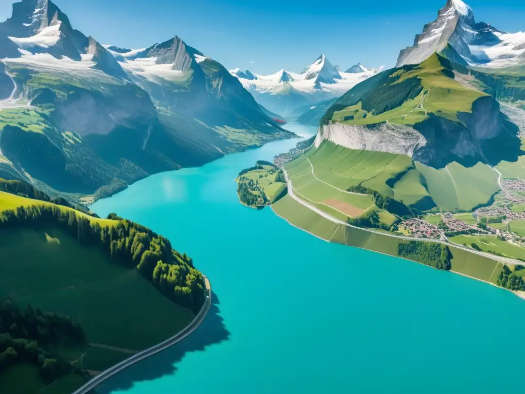 Vista impresionante de los Alpes suizos con lago glaciar y presa hidroeléctrica