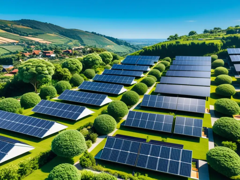 Vista impresionante de un barrio residencial moderno con paneles solares en los techos, rodeado de vegetación exuberante y cielos azules