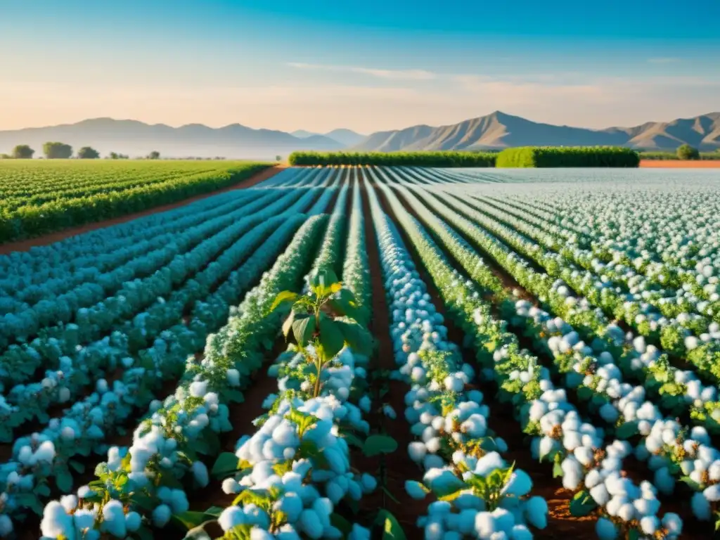 Vista impresionante de un campo de algodón orgánico, iluminado por el sol, reflejando la belleza y sostenibilidad de la producción de algodón