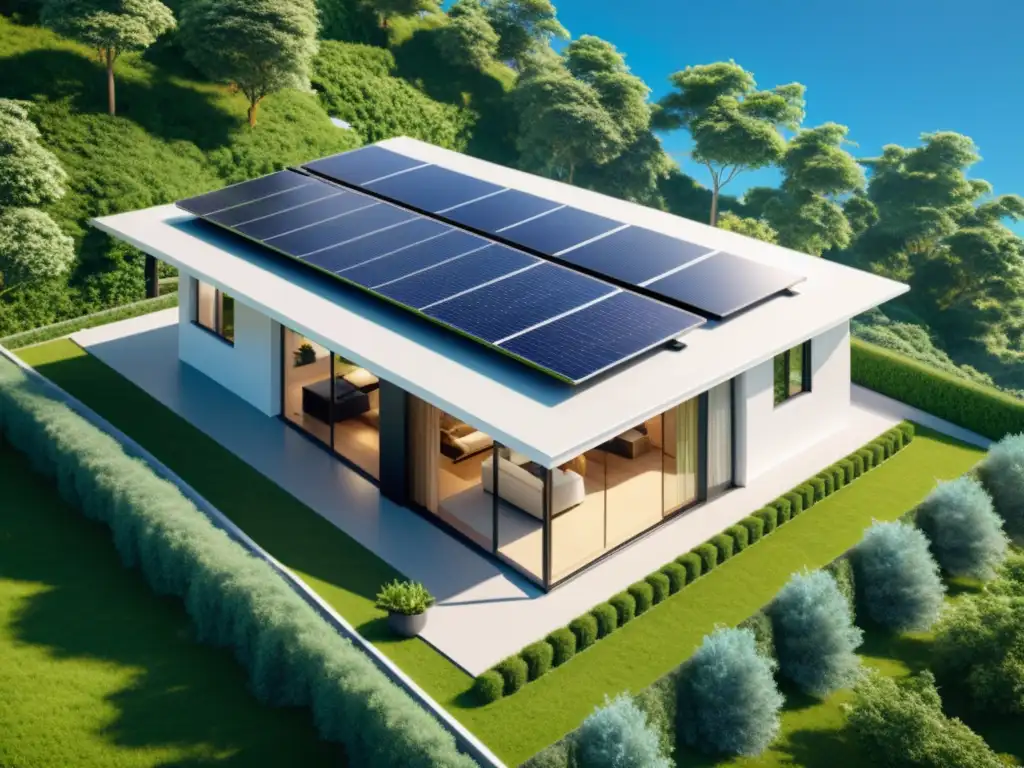 Vista impresionante de casa minimalista con paneles solares integrados en el techo, rodeada de naturaleza exuberante y cielos azules