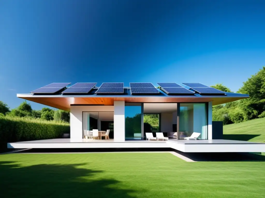 Vista impresionante de una casa moderna y ecológica con paneles solares fotovoltaicos y térmicos en el techo, rodeada de naturaleza