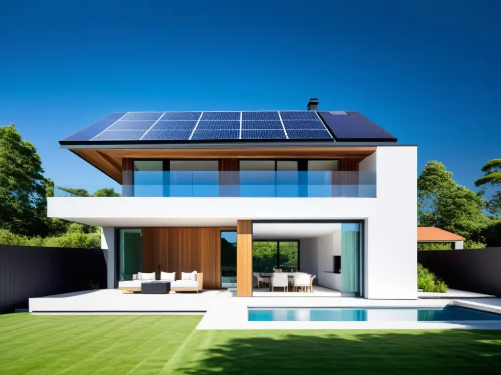 Vista impresionante de casa moderna con paneles solares integrados en el techo, resaltando la integración de energías renovables en hogares