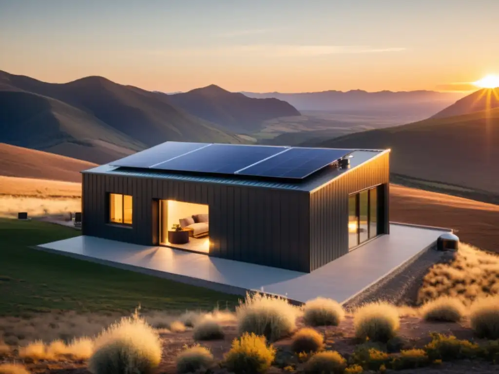 Vista impresionante de una casa remota y sostenible con paneles solares y batería