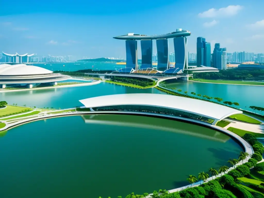 Vista impresionante del Marina Barrage en Singapur, con un diseño moderno y el reflejo de la ciudad en el agua