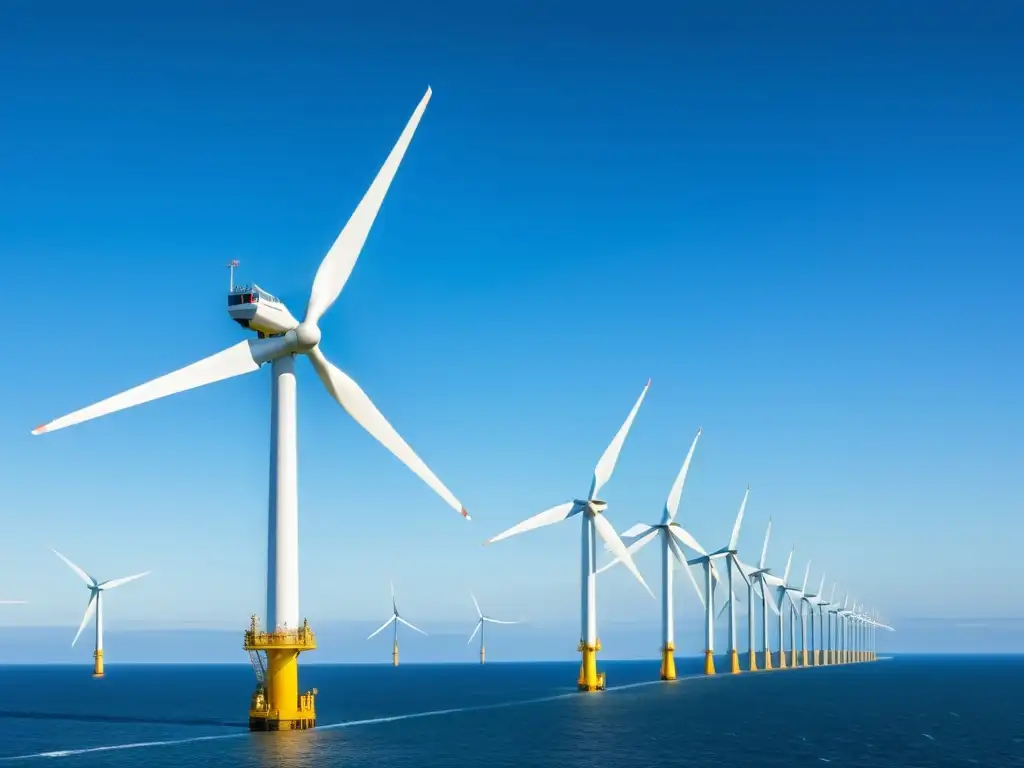 Vista impresionante de un elegante parque eólico marino en el Reino Unido, simbolizando los beneficios de la energía eólica offshore en el país