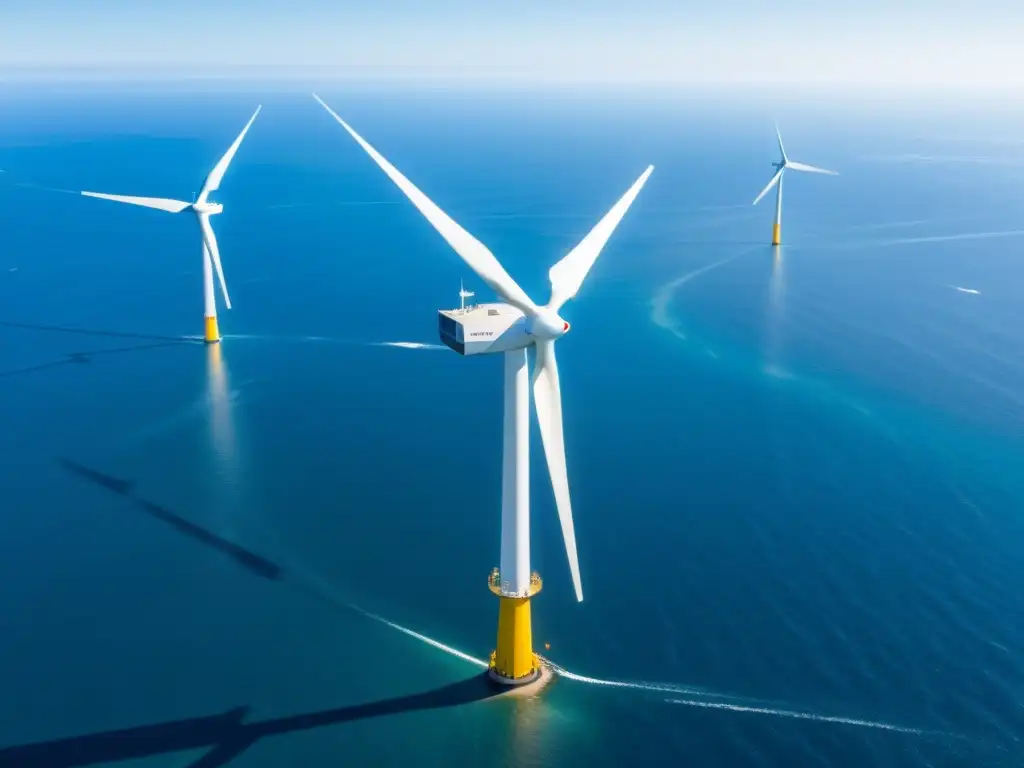 Vista impresionante de una energética generación de energía eólica offshore en el mar, con turbinas blancas contrastando con el azul profundo