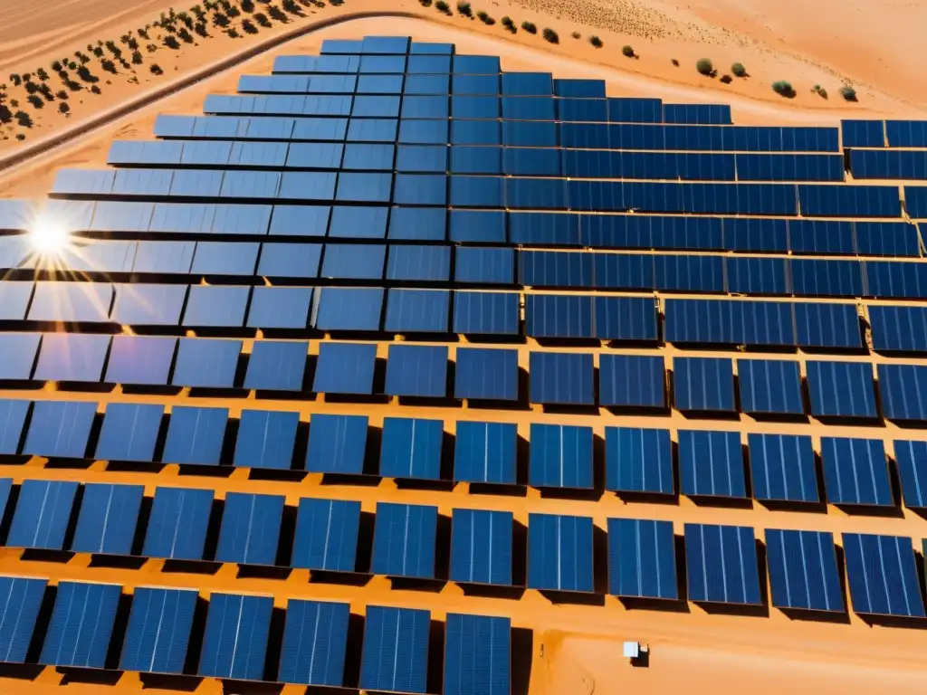 Vista impresionante de una granja solar en el desierto de Egipto, con paneles relucientes captando la intensa luz solar