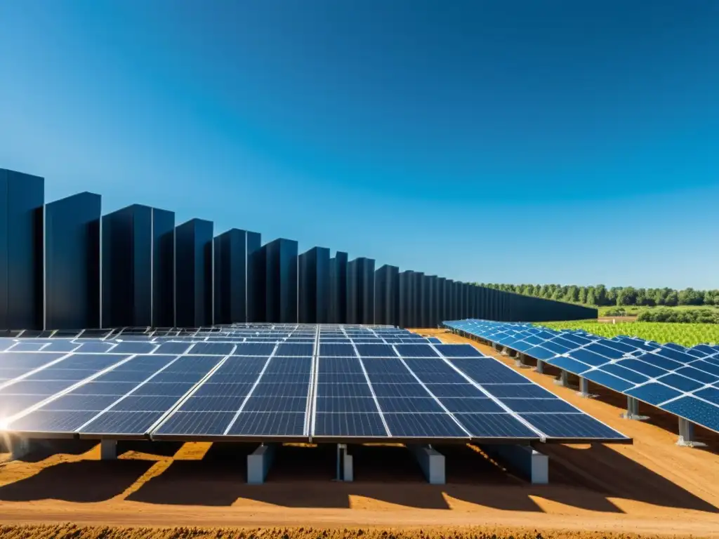 Vista impresionante de granja solar moderna con paneles negros en patrón geométrico bajo cielo azul