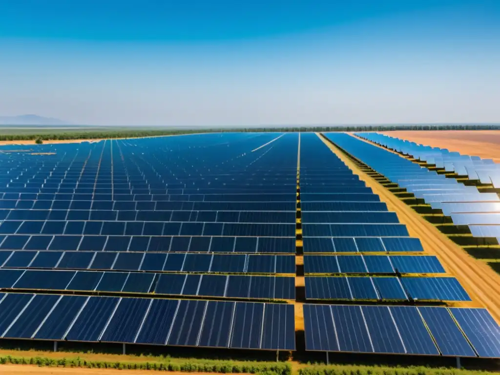 Vista impresionante de una granja solar en la India, con paneles solares minimalistas que se extienden hasta el horizonte bajo un cielo azul claro