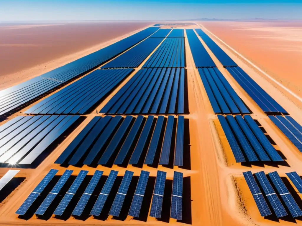 Vista impresionante de una granja solar en el desierto africano, con paneles relucientes bajo un cielo azul brillante