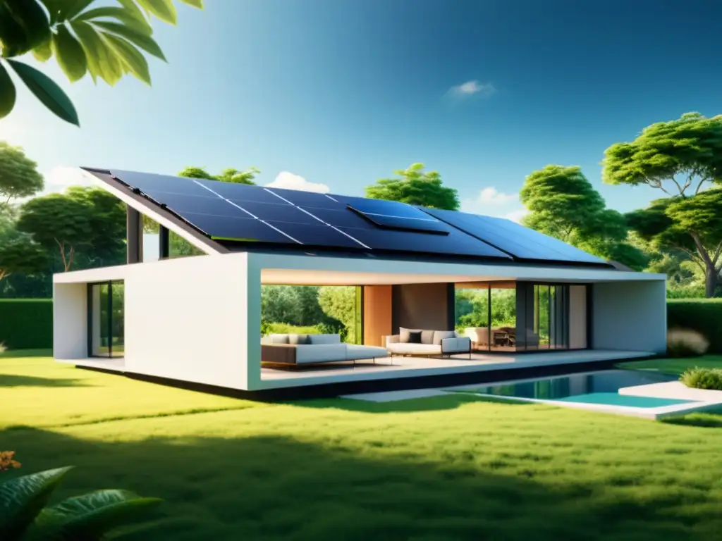 Vista impresionante de un hogar inteligente y sostenible con domótica, energía solar y diseño elegante, rodeado de exuberante vegetación