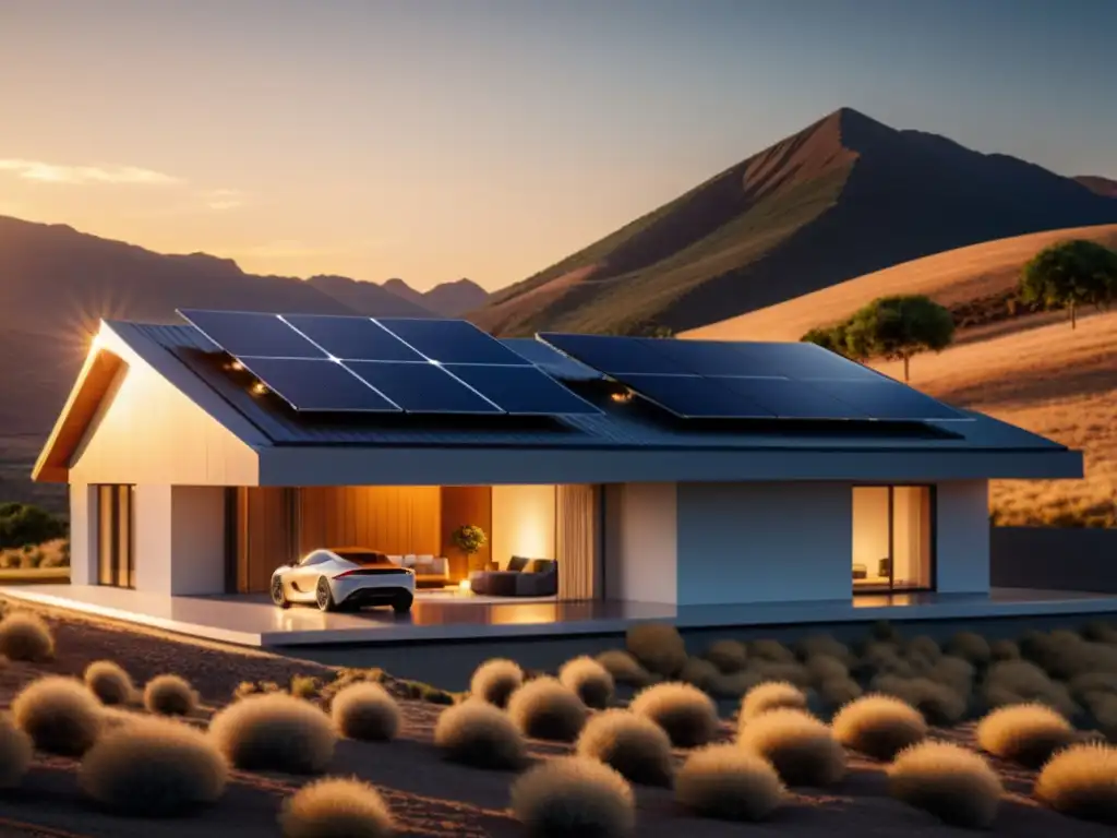 Vista impresionante de un hogar sostenible con paneles solares y baterías de ácido plomo integradas, bañado por la cálida luz del atardecer